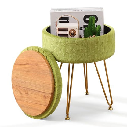 Velvet Storage Ottoman Round Footrest Stool Multifunctional Upholstered Ottoman Modern Accent Vanity Stools Tray Top Coffee Table Suitable for Living Room Bedroom Entryway Macha Green