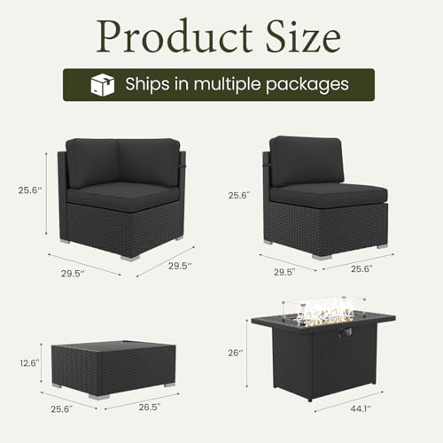 8 Piece Patio Furniture Set with 44" Propane Gas Fire Pit Table, Outdoor Sectional Conversation Set Wicker Rattan Sofa Set with Coffee Table