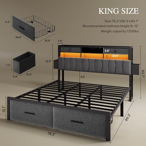 King Size Bed Frame with 2 Storage Drawers and Charging Station, view 3