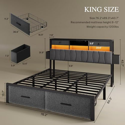 King Size Bed Frame with 2 Storage Drawers and Charging Station, view 3