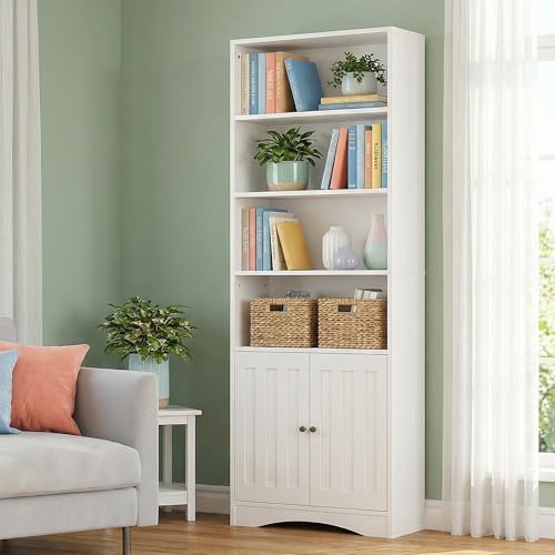 Bookshelves and Bookcases with Doors, 6-Shelf Bookcase, Floor Standing Display Storage Shelves, 71” Tall Bookcase, with Adjustable Shelves, for Home, Office, Living Room, White