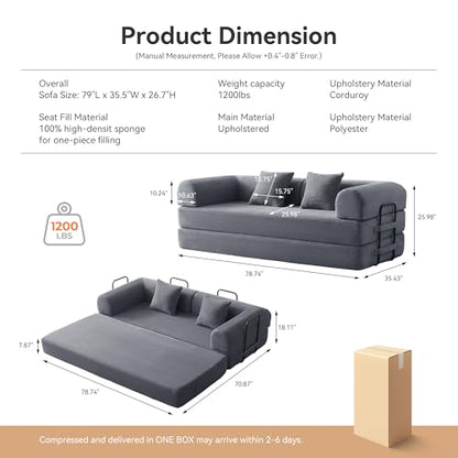 Sofa Bed, Corduroy Sleeper Sofa Bed with Fixed Frame, Floor Sofa Lounge with Pillow, Convertible Folding Mattress Couch for Living Room, Bedroom, Lounge, Studio (Dark Gray)