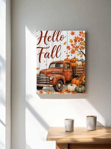 NuYeBiofx Hello Fall Words Brown Truck Canvas Wall Art Prints,48"x32" Framed Picture Artwork Maple Leaves Sunflowers Printed Canvas Oil Painting for Living Room Bedroom Office,Ready to Hang
