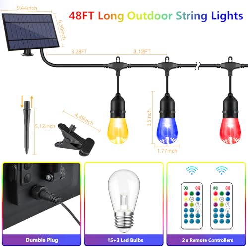 48FT Solar Outdoor RGB String Lights, 15+3 Waterproof Shatterproof LED Bulbs Dimmable Patio String Lights with Remote, Commercial Solar String Light for Patio Yard