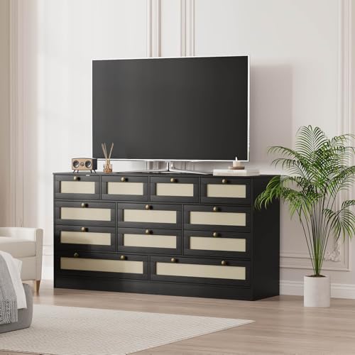 GAOMON Wooden Dressers for Bedroom with 12 Drawers, 61" Wide TV Stand Dresser for 65 inch TV, Rattan Chest of Drawers for Living Room, Hallway, Modern Wood Closet Dressers for Adult Room