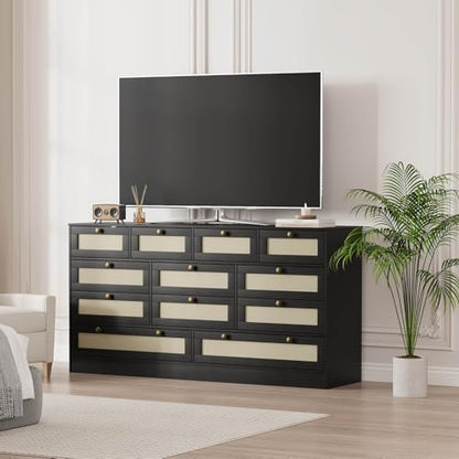 GAOMON Wooden Dressers for Bedroom with 12 Drawers, 61" Wide TV Stand Dresser for 65 inch TV, Rattan Chest of Drawers for Living Room, Hallway, Modern Wood Closet Dressers for Adult Room