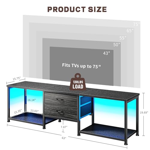 TV Stand for 75 Inch TV with Light & Storage Shelves for Living Room, Black, view 4