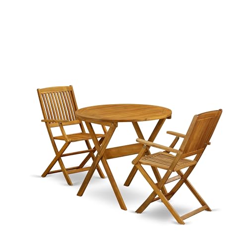 MNCM3CANA 3 Piece Folding Patio Bistro Sets Outdoor Set Contains a Round Acacia Wood Coffee Table and 2 Folding Arm Chairs, 30x30 Inch, Natural Oil