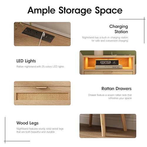 Rattan Nightstand with Charging Station USB Port Led Lights and 2 Storage Drawers, Bedroom Furniture Night Stand Bedside Table, Rattan Side Table, End Table (1 Pack)