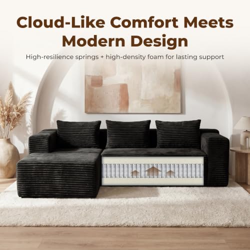 Modular Sectional L-Shaped Sofa with Deep Seat, Modern Boneless Comfy Corduroy Fluffy Couch with Side Pockets and Anti-Slip & Floor-Friendly Bottom for Living Room, No Assembly, Black