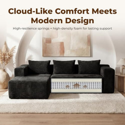 Modular Sectional L-Shaped Sofa with Deep Seat, Modern Boneless Comfy Corduroy Fluffy Couch with Side Pockets and Anti-Slip & Floor-Friendly Bottom for Living Room, No Assembly, Black