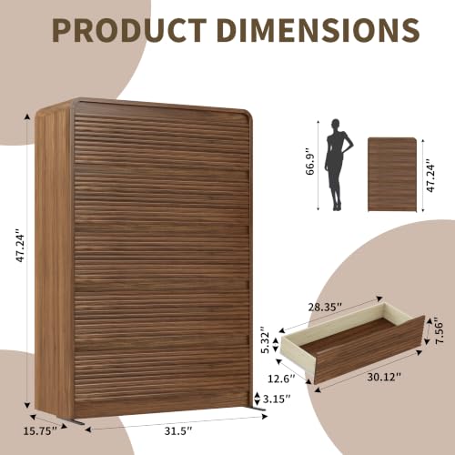 Walnut Fluted 5 Drawer Dresser for Bedroom,47" Tall Modern Chest of Drawer, view 3