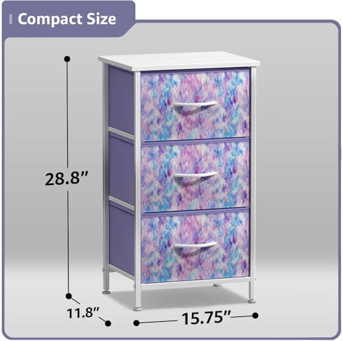 Nightstand Storage Organizer Chest with 3 Drawers - Kids Girls, Boys Bedroom Furniture Chest for Clothes, Closet Organization - Steel Frame, Wood Top, Fabric Bin (3-Drawer, Blue/Pink/Purple)