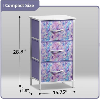 Nightstand Storage Organizer Chest with 3 Drawers - Kids Girls, Boys Bedroom Furniture Chest for Clothes, Closet Organization - Steel Frame, Wood Top, Fabric Bin (3-Drawer, Blue/Pink/Purple)