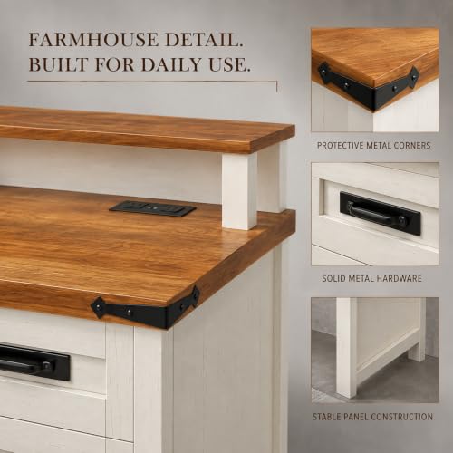 47 Inch Farmhouse Computer Desk with 4 Drawers Power Outlets USB Ports, view 6
