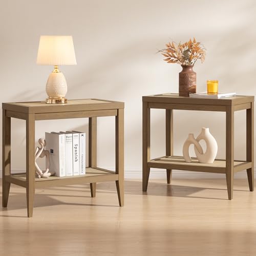 Rattan Nightstands Set of 2 Bedside Table - Boho Narrow End Table Living Room Set of 2 Side Table with Storage Shelves for Small Space - Natural Oak