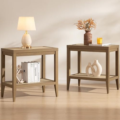 Rattan Nightstands Set of 2 Bedside Table - Boho Narrow End Table Living Room Set of 2 Side Table with Storage Shelves for Small Space - Natural Oak