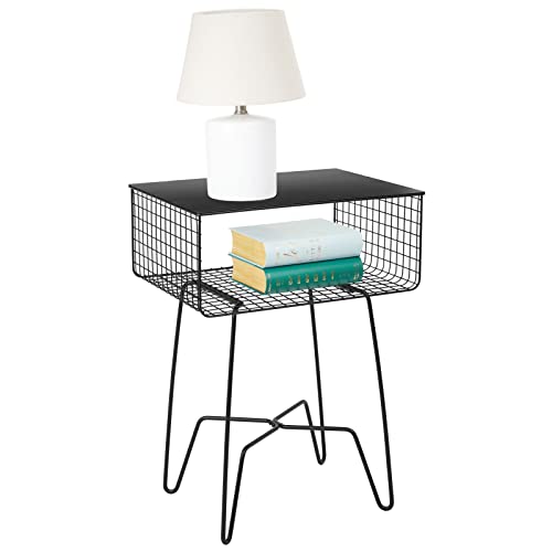 Steel Side Table Nightstand with Storage Shelf Basket for Bedroom, Living Room, Home Office; Rustic Bedside End Table, Industrial Modern Accent Furniture - Concerto Collection - Black