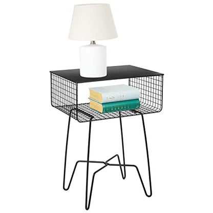 Steel Side Table Nightstand with Storage Shelf Basket for Bedroom, Living Room, Home Office; Rustic Bedside End Table, Industrial Modern Accent Furniture - Concerto Collection - Black