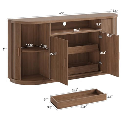63" Sideboard Buffet Cabinet with Storage, Modern Fluted Credenza, Walnut, view 3