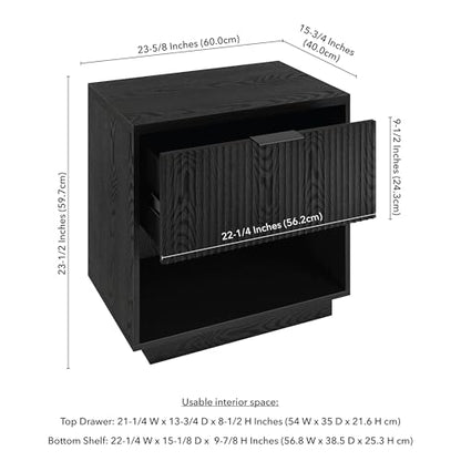 24" Fluted Nightstand, Ribbed Side Table, Natural Black | Ribbed-front design with a smooth-glide drawer and open cubby storage offers clean-lined style for bedrooms or home offices