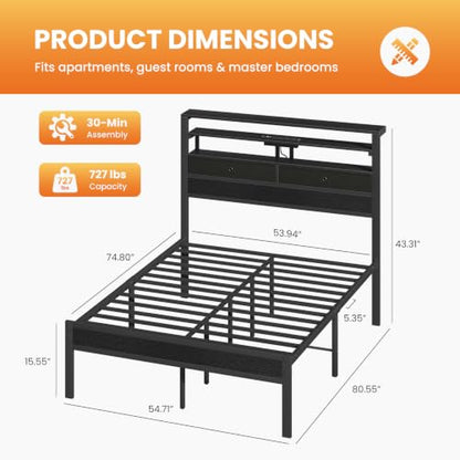 Full Size Bed Frame with LED Lights and Charging Station, view 3