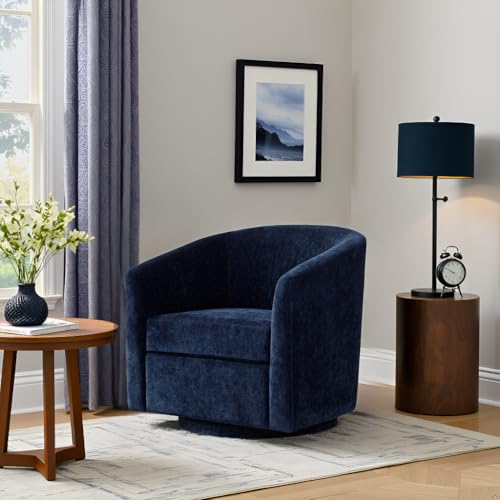 Chenille Swivel Accent Chair, Living Room Chairs, No Assembly Upholstered Armchair, 360°Rotating Barrel Chair for Bedroom, Apartment & Reading Nook (1, Dark Blue)