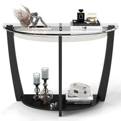 2-Tier Glass Console Table, Half Moon Modern Entryway Table with Tempered Glass Top & Open Storage Shelf, Narrow Long Sofa Table for Living Room, Hallway, Foyer, Entrance (Black)