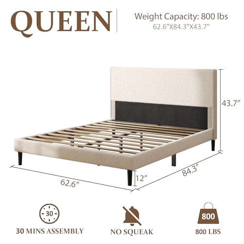 Queen Bed Frame, Upholstered Bed with Teddy Velvet Headboard, Beige, view 3