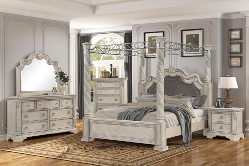 Vintage Four Poster Bed with Spiral-Carved Posts and Metal Scrollwork in Weathered Gray, view 3