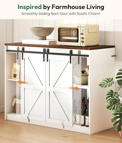 Farmhouse Coffee Bar with Mini Fridge Space & Power Outlet, White | Mini Fridge Cabinet, Barn-door Design, Adjustable Shelves, For Kitchen, Dining Room, Living Room