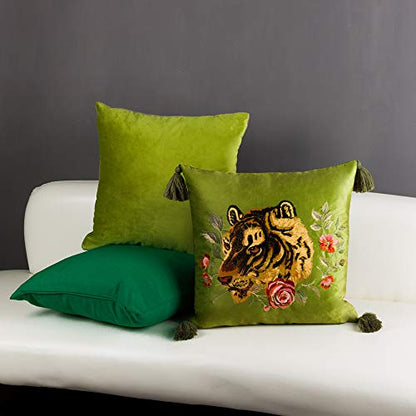 Tiger Velvet Throw Pillow Cover Decorative Flower Embroidered Accent Cushion Case Print Pillowcase for Bed Living Room Couch Bedroom 18x18 Inch Green Tassel