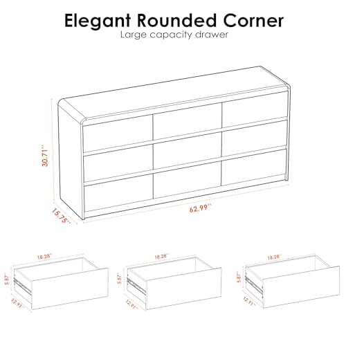 9 Drawer Dresser, 63" Wide Walnut Dresser with Soft-Close Drawers, view 4