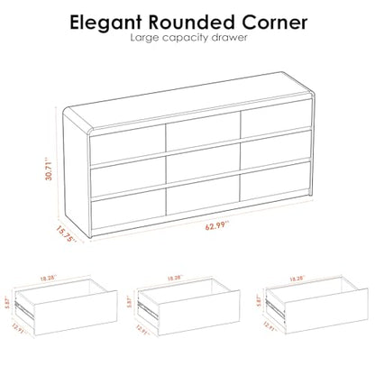 9 Drawer Dresser, 63" Wide Walnut Dresser with Soft-Close Drawers, view 4