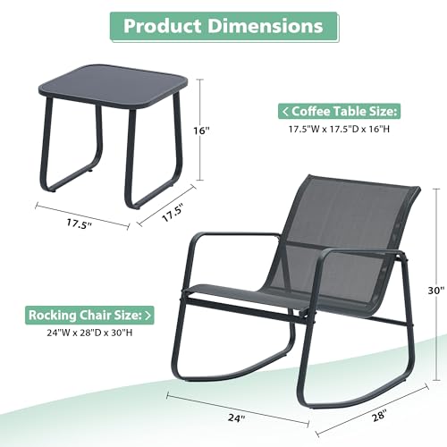 3 Piece Patio Outdoor Furniture Set, Textilene Fabric Patio Conversation Bistro Set with Rocking Bistro Chairs and Table, Small Patio Furniture Set for Backyard, Lawn, Garden, Poolside