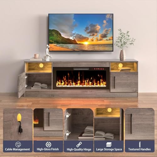 Modern 70" Black Wooden TV Stand for Living Room – LED Lights, view 6
