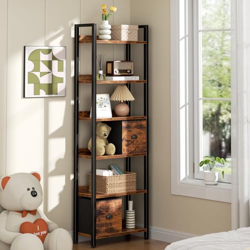 6-Tier Bookshelf, Tall 71" Rustic Bookcase with 2 Drawers Storage Organizer, Industrial Display Free Standing Shelf Units, Wood and Metal Storage Rack for Home Office, Bedroom, Rustic Brown | Bookcase