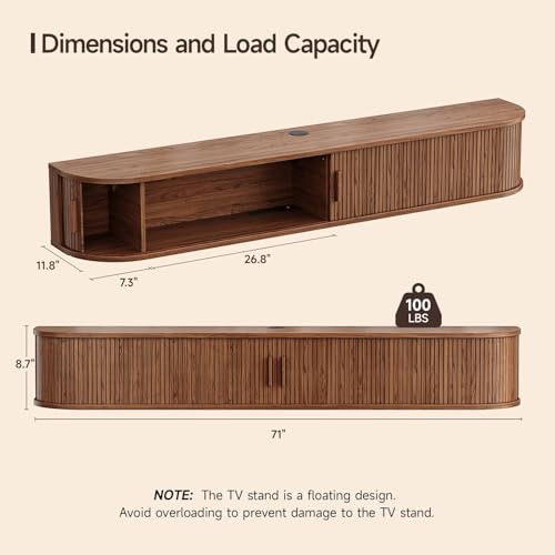 71" Floating TV Stand with Power Outlet for TVs up to 80", Walnut, view 3
