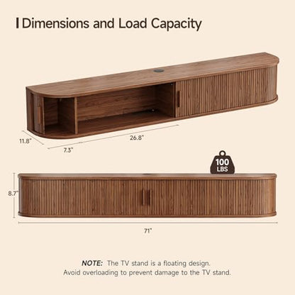 71" Floating TV Stand with Power Outlet for TVs up to 80", Walnut, view 3
