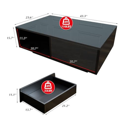 43.3IN LED Black Coffee Tables for Living Room with 16 Colors LED Lights Modern Coffee Table with Storage Drawer Rectangle Center Table for Home Furniture