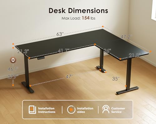 63 Inch Reversible L Shaped Electric Standing Desk, Black, view 4
