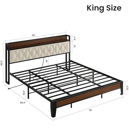 King Size Bed Frame with Headboard and Charging Station, Walnut, view 3