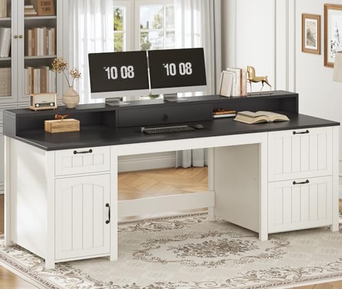 63" Farmhouse Executive Desk with Drawers and Storage, White + Black, view 6
