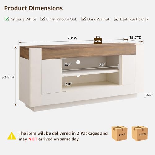 Modern 70" TV Stand, Entertainment Center for TVs Up to 80", Media Console with Large Open Storage & Side Cabinets, Thick Wood Design for Living Room, Antique White
