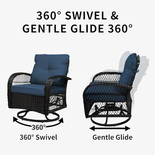 YLGJ&TIDY Outdoor Patio Furniture 3PCS Set Wicker Swivel Rocking Armchairs Set of 2 Rattan Coffee Table Cushions Patio Swivel Glider Chairs Set for Backyard Balcony Garden (Blue, Wicker 1)