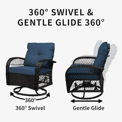 YLGJ&TIDY Outdoor Patio Furniture 3PCS Set Wicker Swivel Rocking Armchairs Set of 2 Rattan Coffee Table Cushions Patio Swivel Glider Chairs Set for Backyard Balcony Garden (Blue, Wicker 1)