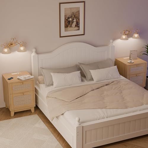 Rattan Nightstands Set of 2 with Charging Station, Wood Night Stands with Drawer and Cabinet, Boho Bedside Tables with USB & Type-C, Side End Tables for Bedroom