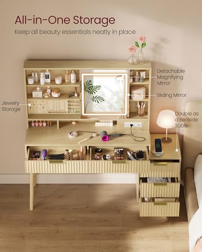 VASAGLE Fluted Vanity Desk with Sliding Mirror and Lights, 5 Drawers, view 5