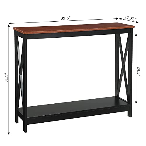 Oxford Console Table 39.5" - Farmhouse, Modern Narrow Sofa Display Accent with Storage Shelf for Transitional, Coastal Living Room, Entryway, or Hallway, Black/Cherry