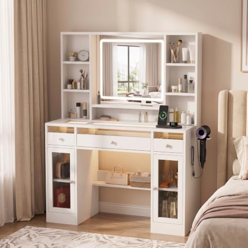 43.3" White Large Makeup Vanity Desk with Glass Top & RGB Lights, view 2